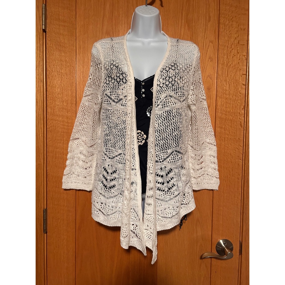 Dressbarn Womens Large White Open Front Crochet Pointelle Knit Cardigan Sweater